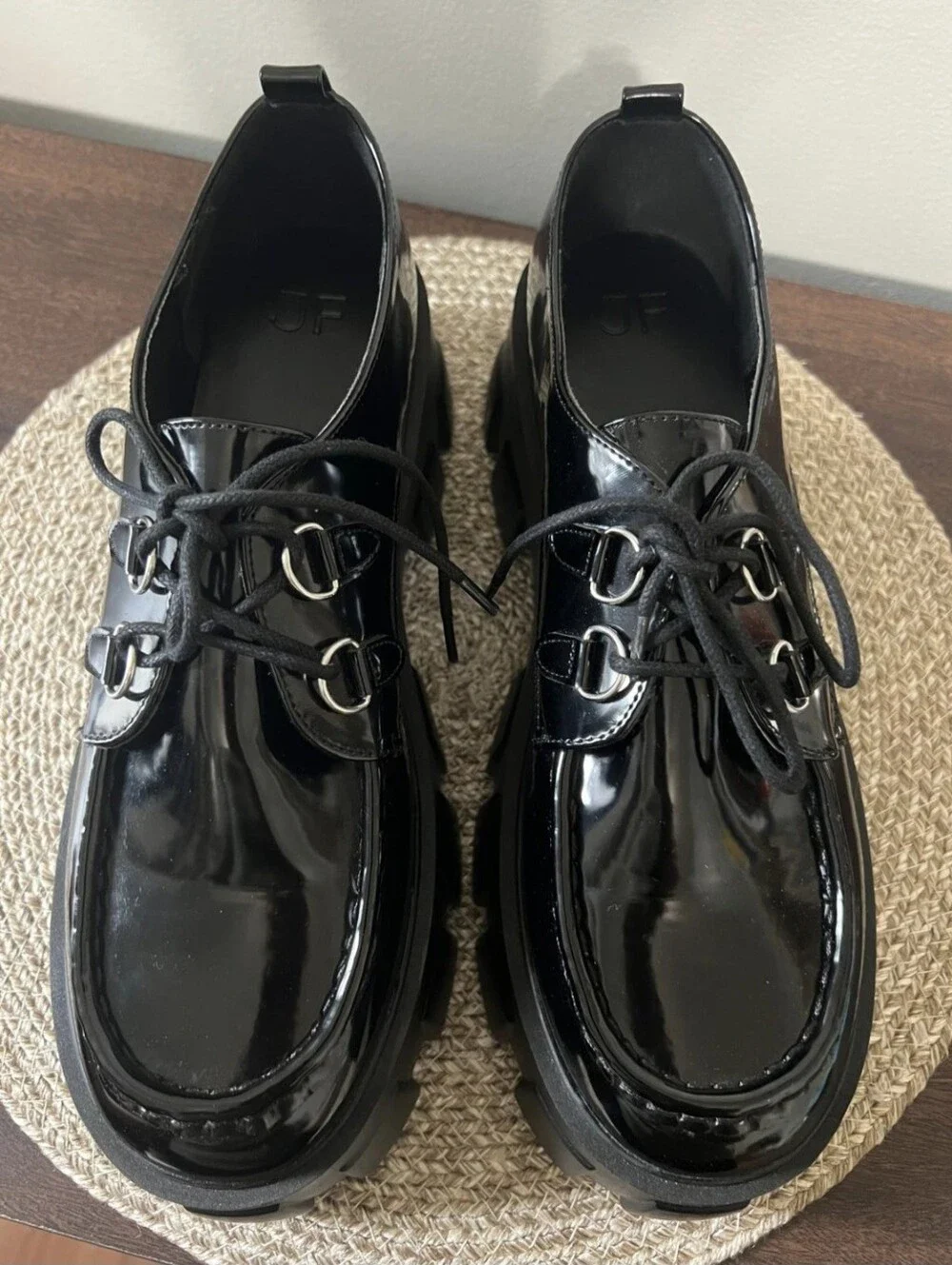 Just Fab Y2K 90's Black Lace-up Lug Heel Platform Chunky Loafers Womens Size 11